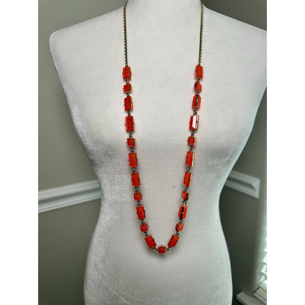 Kate Spade Coral Orange Acrylic Rectangle Stone Long Gold Tone Necklace Layering